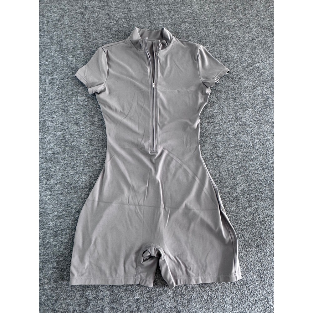 Athletic Short Sleeve Half Zip Romper Mock Neck Bodysuit Taupe Grey Medium